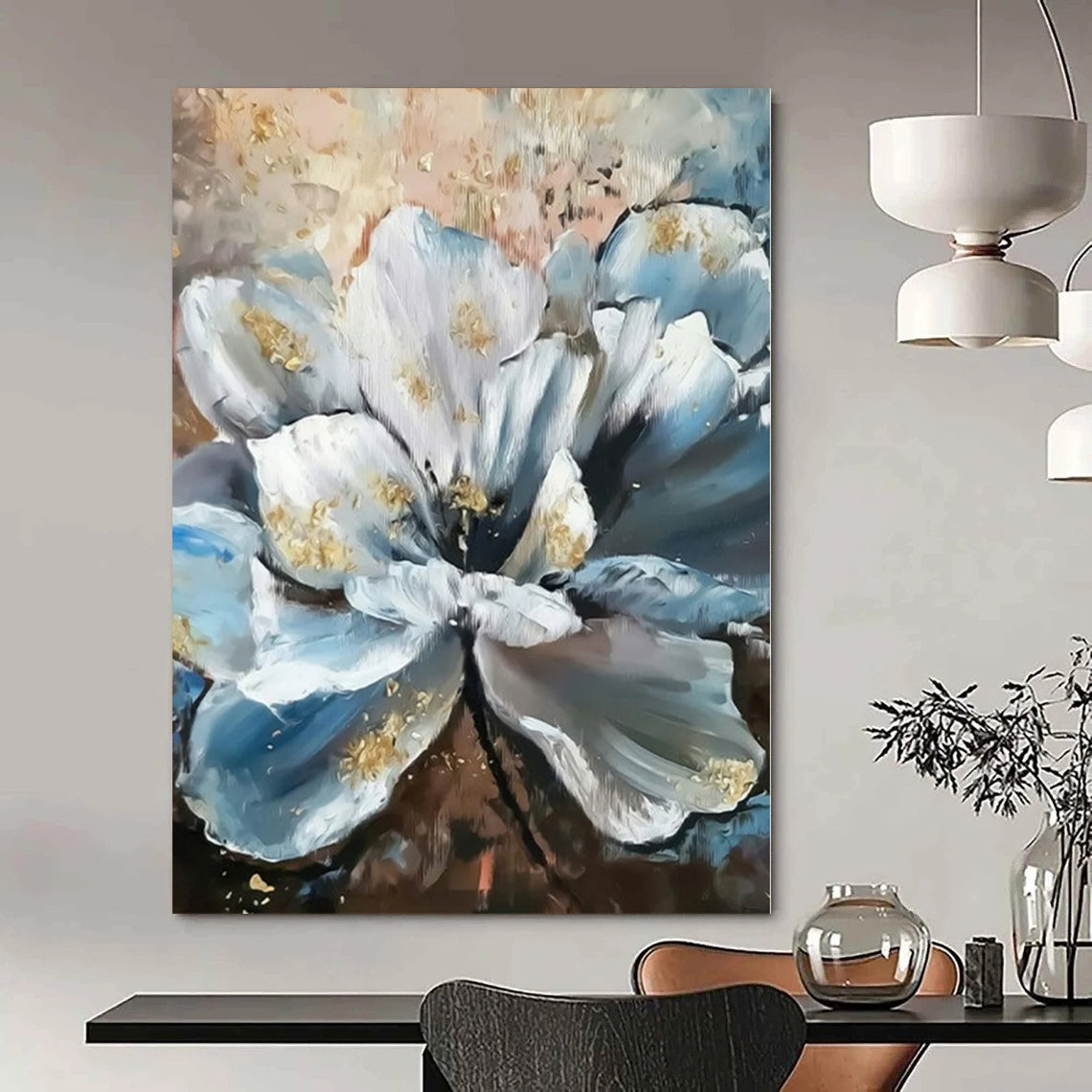 Blue, White, Gold Abstract Floral Art For Bedroom and Dining Room WS428