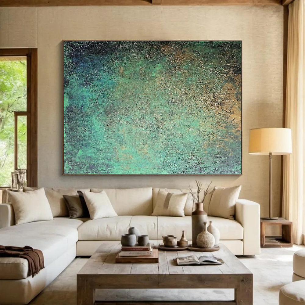 Large Size Teal and Gold Textured Patina Abstract Art HS179