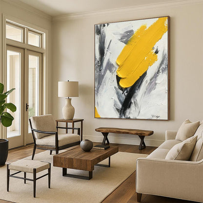 Hand-Painted Modern Art Acrylic with Yellow, Black, Gray Textured Layers - Large Painting In Living Room HS524