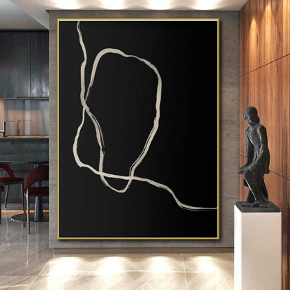 Handmade Art Black & Beige Line Abstract, Minimalist Canvas Art HS412