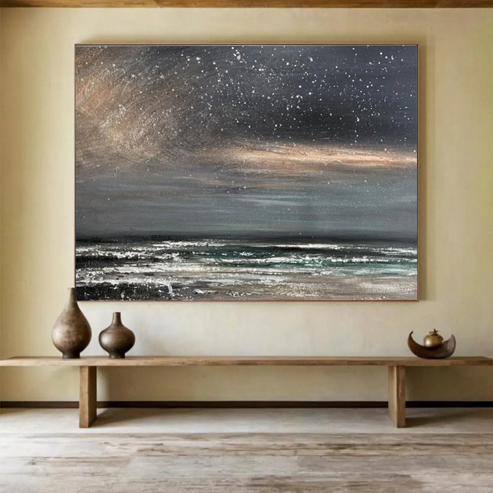 Gray, Black, White Abstract Starry Seascape Art For Sale WB409