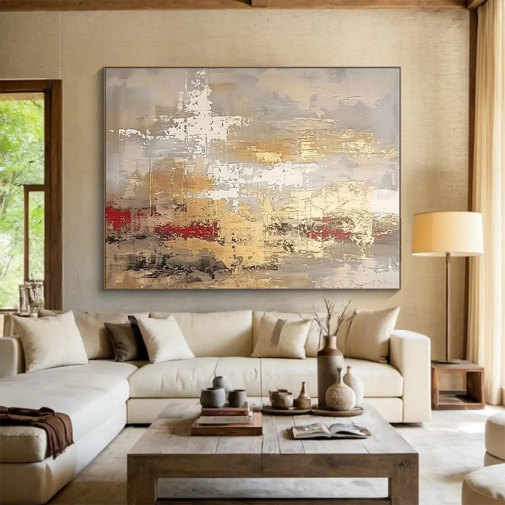 Hand Painted Art Gray, Gold, and Red Textured Abstract Art HS661