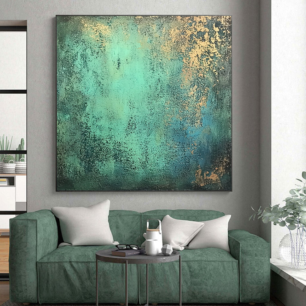 Modern Art Acrylic Teal and Gold Patina Abstract Painting HS178