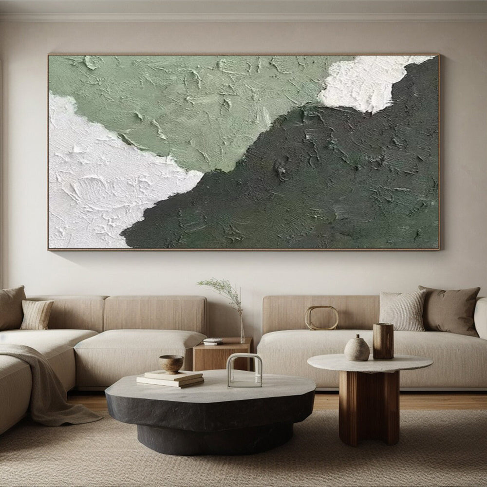 Hand-Painted Green and White Textured Abstract Shape Painting For Sale HS063