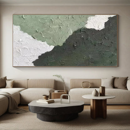 Hand-Painted Green and White Textured Abstract Shape Painting For Sale HS063