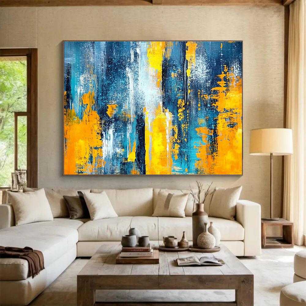 Horizontal Blue, Gray, and Gold Textured Abstract Painting WB266