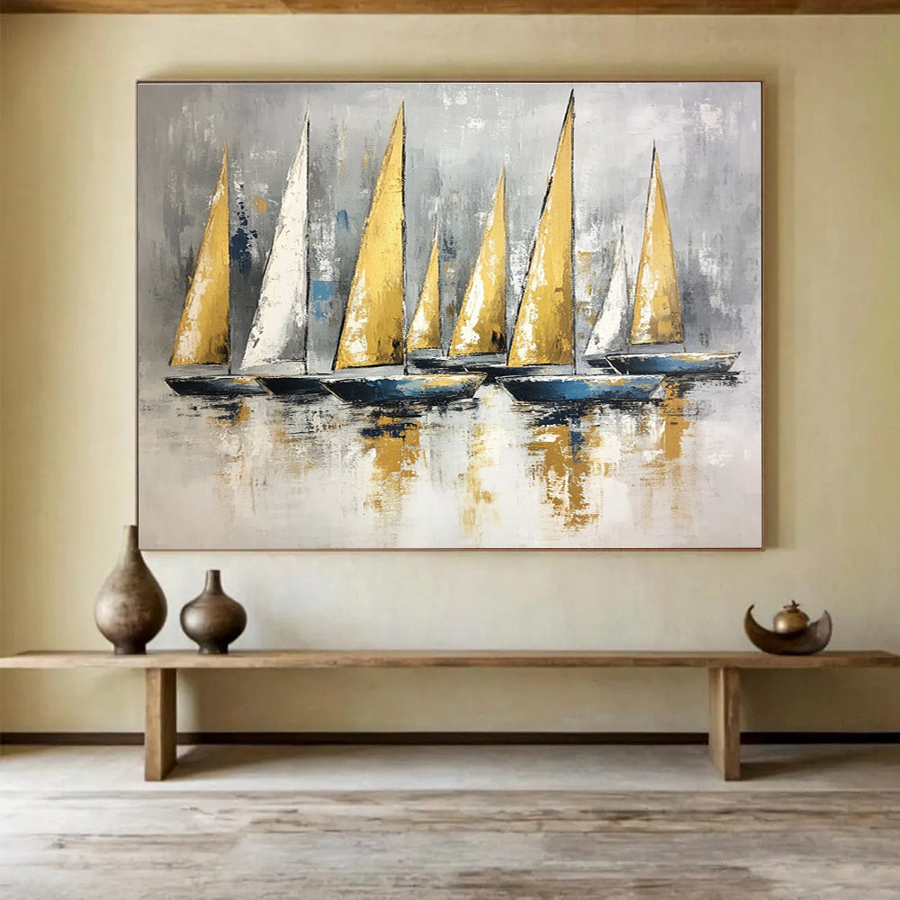 Contemporary Abstract Painting with Gray, Gold and Blue Colors, Sailboat Theme Art WB323
