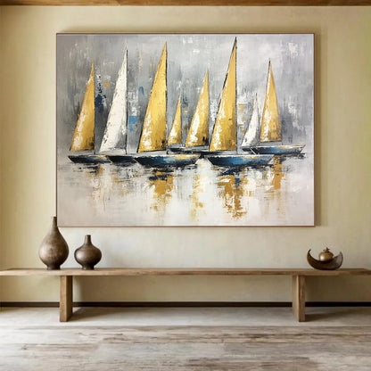 Contemporary Abstract Painting with Gray, Gold and Blue Colors, Sailboat Theme Art WB323