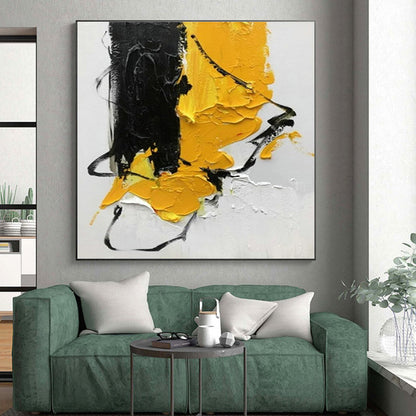 Hand-Painted Acrylic Modern Art Painting with Black, Yellow, White Textured Brushstrokes - Cool Abstract Paintings HS521