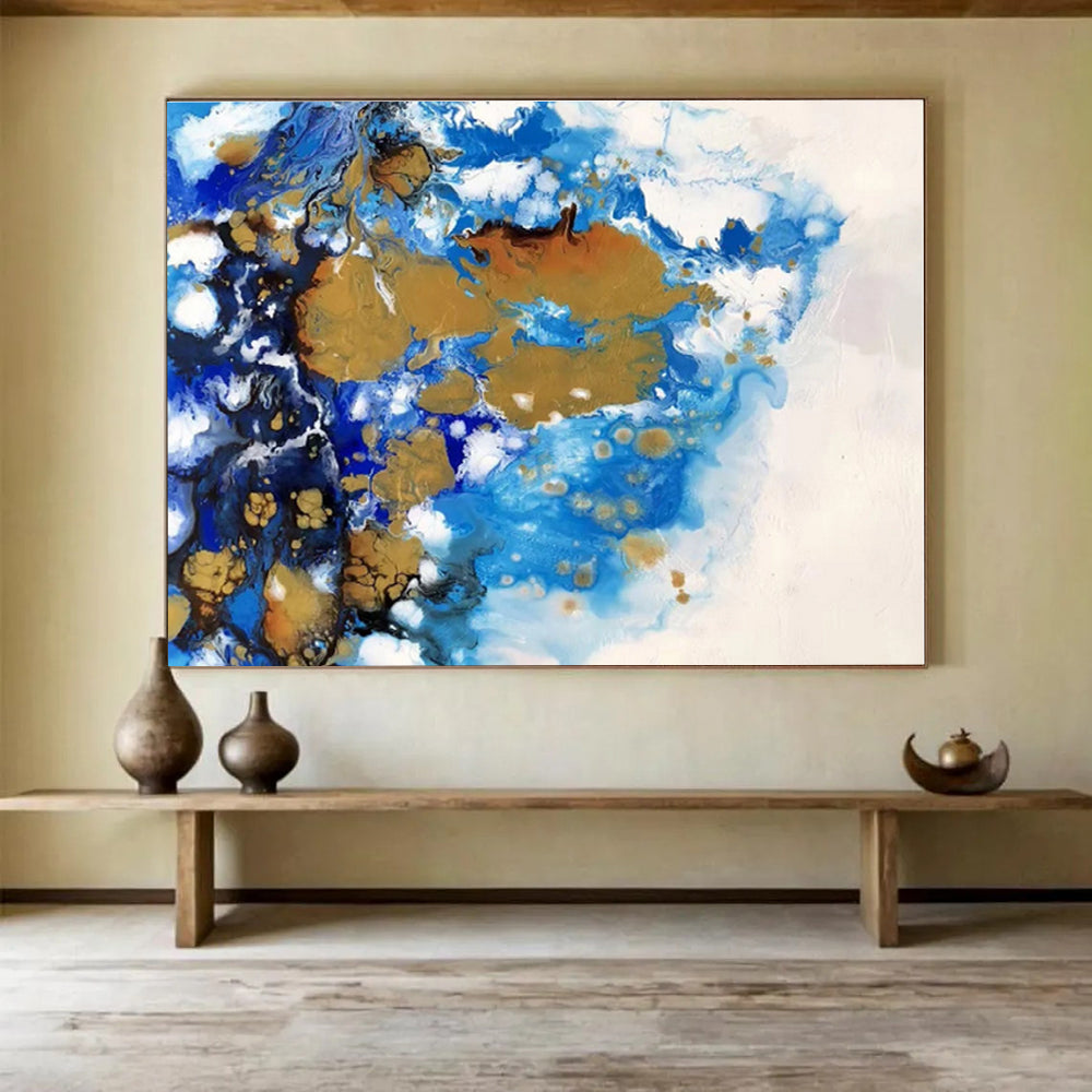 Huge Size Blue Gold and White Abstract Fluid Art Painting WB058