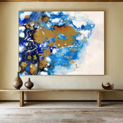 Huge Size Blue Gold and White Abstract Fluid Art Painting WB058