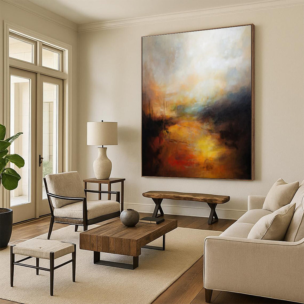 Handmade Art Orange, Yellow, and Black Textured Abstract Painting On Canvas HS808