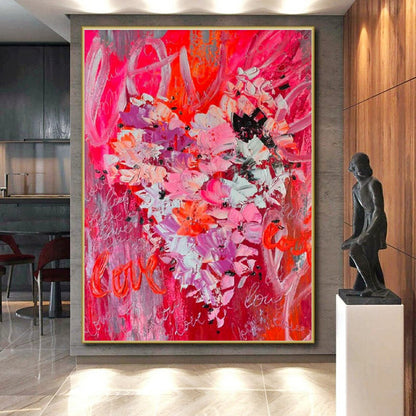Unique Abstract Art Red, Pink, and Gray Floral Abstract Art with “Love” Accents HS719
