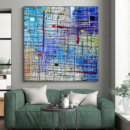 Unique Abstract Paintings Blue and Multicolor Line Abstract Painting For Sale HS099