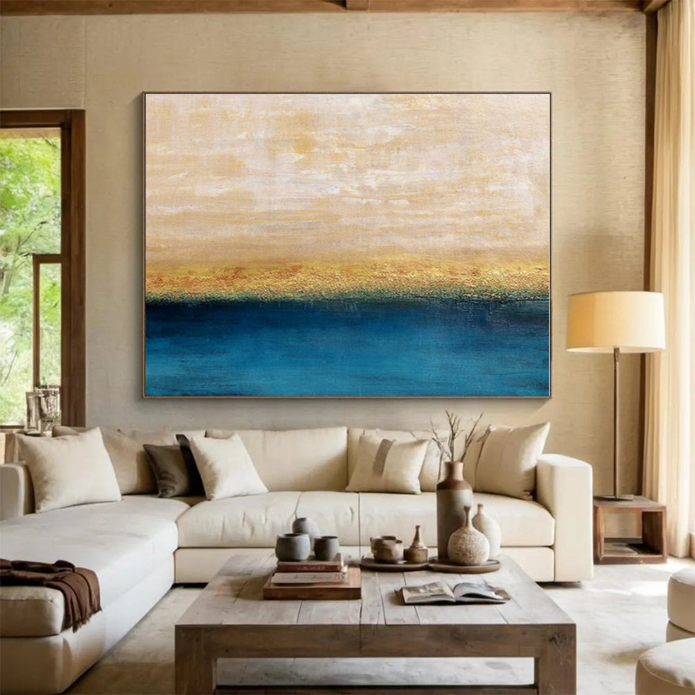 Beige, Gold, Blue Abstract Seascape Acrylic Painting WB014