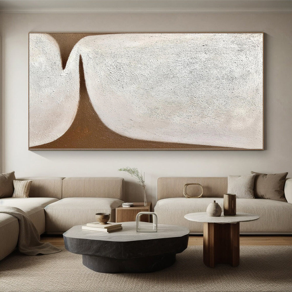 Hand-Painted White and Brown Abstract Shape Painting For Sale HS039