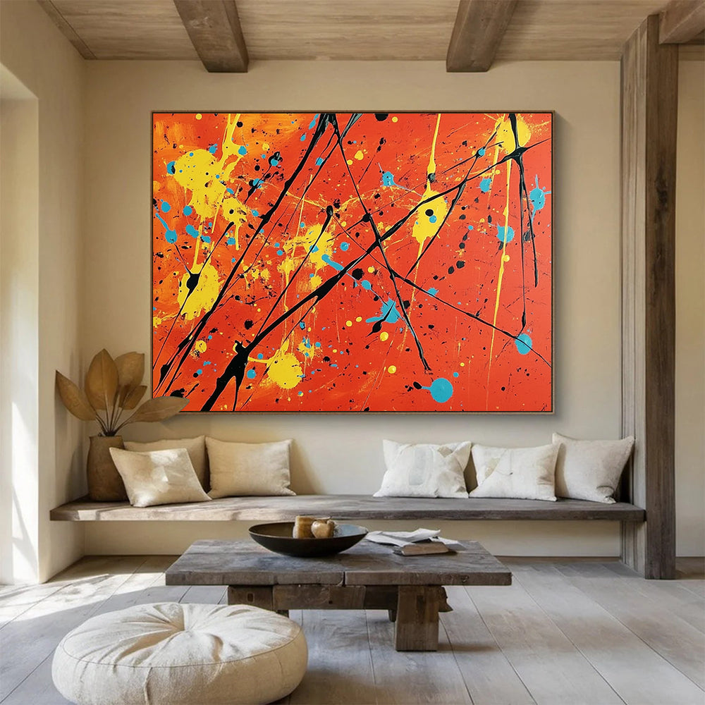 Big Size Orange, Yellow, Blue, and Black Splatter Abstract Art WB255