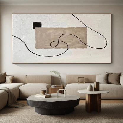 Hand-Painted Beige, Black, and White Abstract Line and Shape Painting For Sale HS064