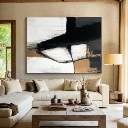 Acrylic Modern Art Paintings Black, White, and Gold Abstract Shape Painting For Sale HS154