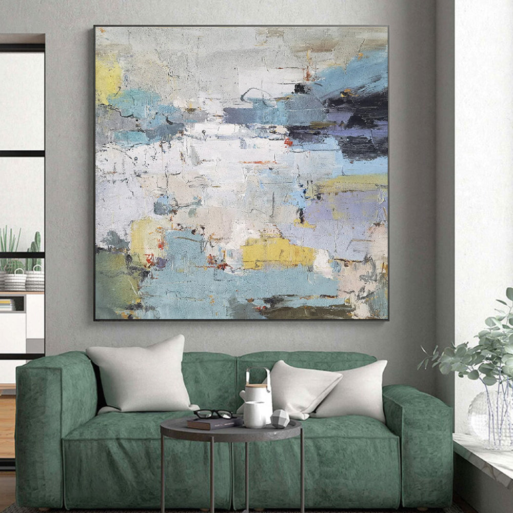Hand-Painted Blue, Yellow & Gray Textured Abstract, Modern Art Acrylic HS256