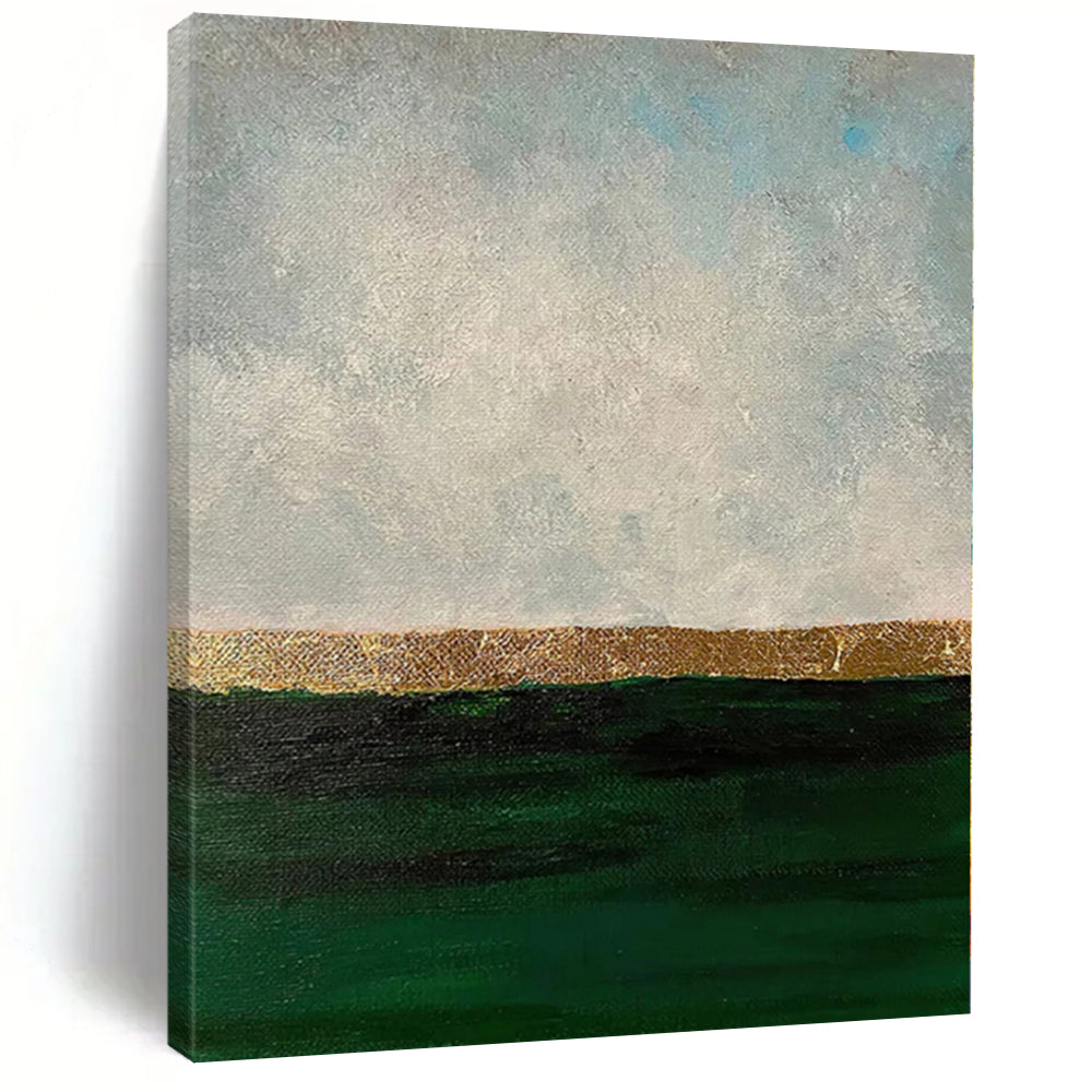 Hand-Painted Green, Gold, and Gray Abstract Landscape Painting For Sale HS045