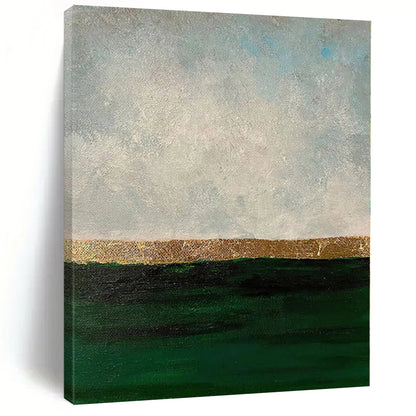Hand-Painted Green, Gold, and Gray Abstract Landscape Painting For Sale HS045
