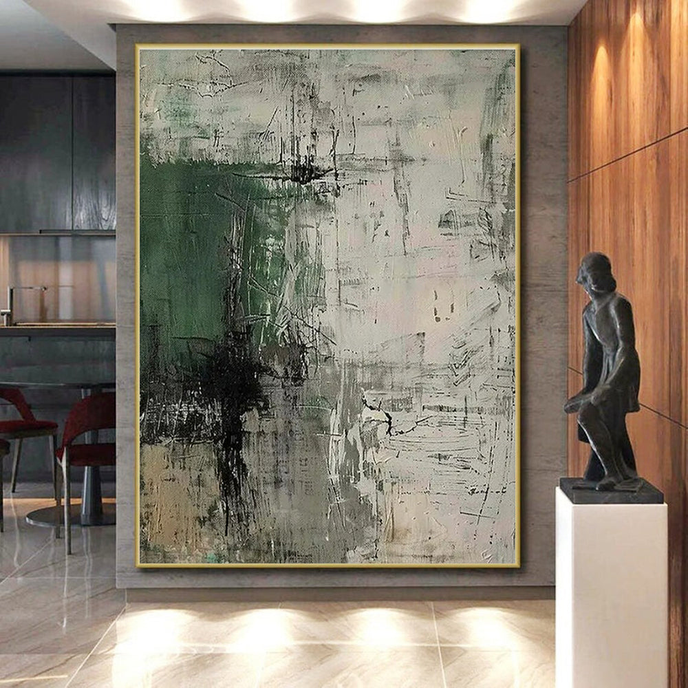 Modern Art Acrylic Green, Gray, and Neutral Textured Abstract Composition HS598