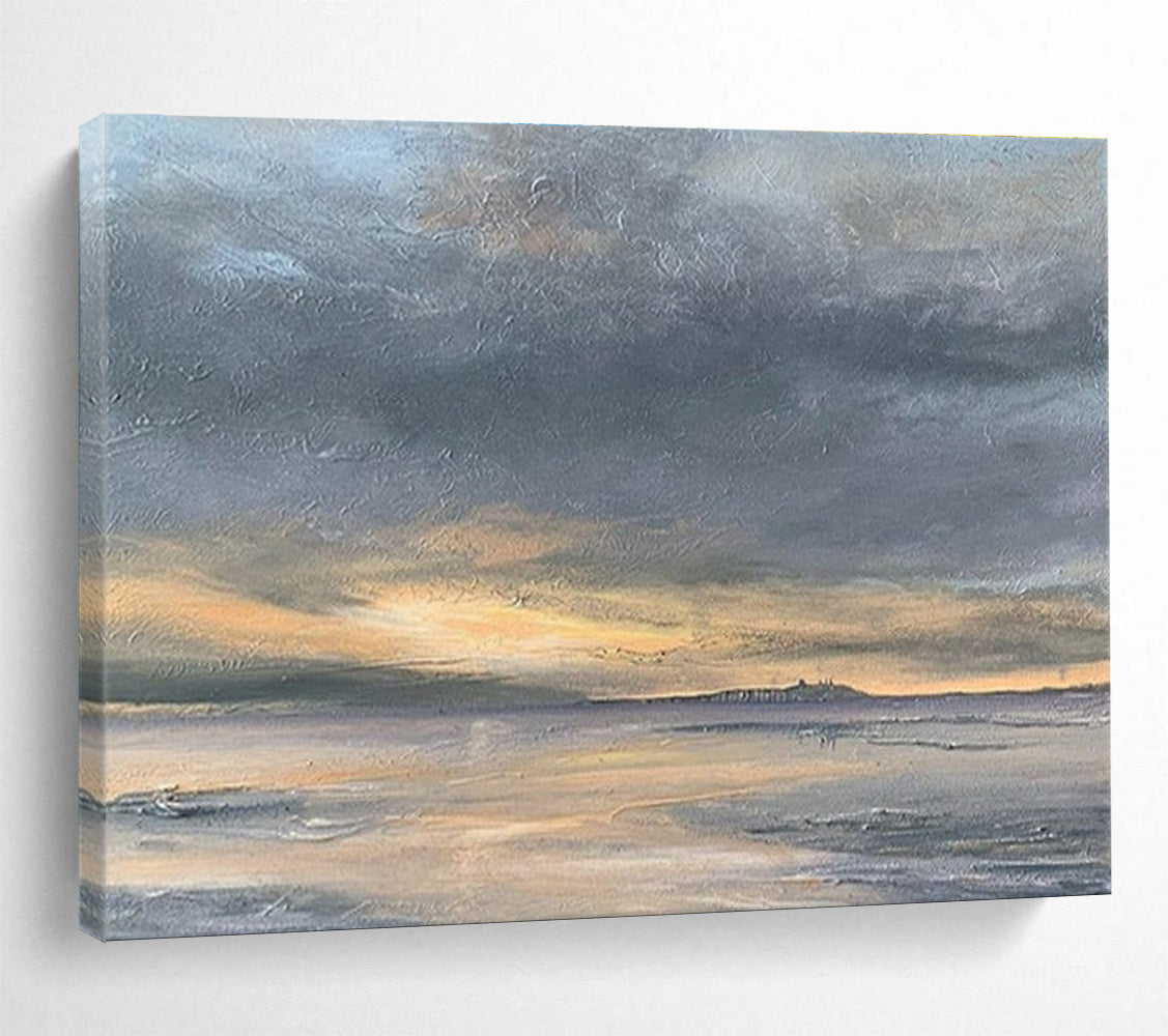 Horizontal Gray, Orange, and Multicolor Abstract Coastal Sunset, Abstract Oil Painting WB181