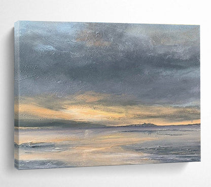 Horizontal Gray, Orange, and Multicolor Abstract Coastal Sunset, Abstract Oil Painting WB181
