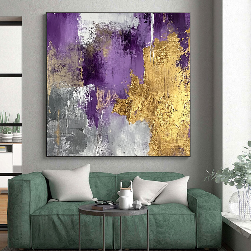 Unique Abstract Art Purple and Gold Abstract Textured Painting For Sale HS112
