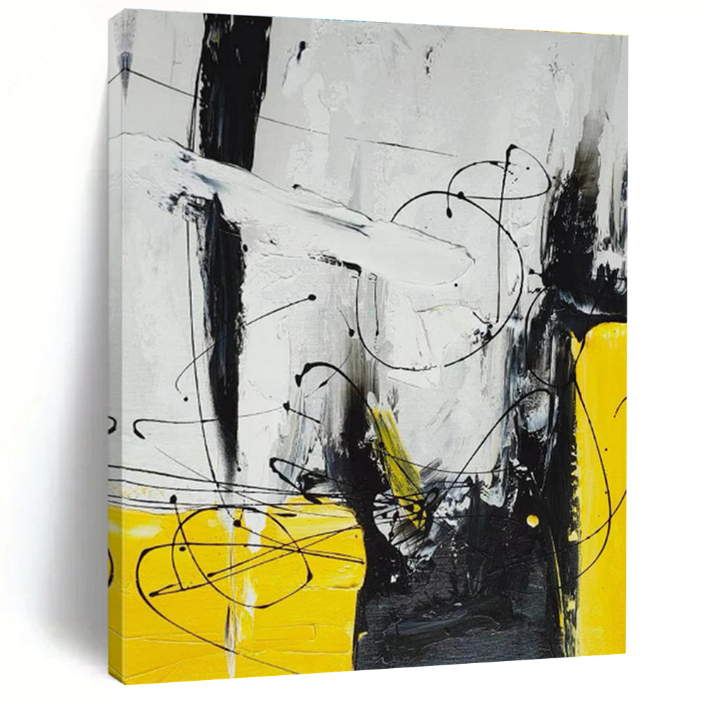 Big Painting Yellow, Black & White Abstract Dynamic Line Art HS405