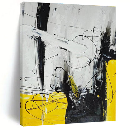 Big Painting Yellow, Black & White Abstract Dynamic Line Art HS405