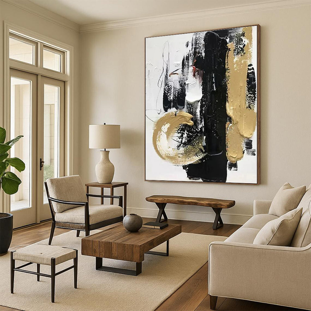 Acrylic Modern Art Paintings Black, Gold & White Textured Abstract Art HS377
