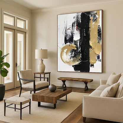 Acrylic Modern Art Paintings Black, Gold & White Textured Abstract Art HS377