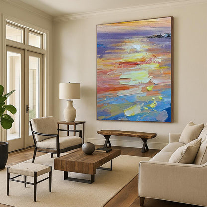 Hand-Painted Multicolor Abstract Impasto Sunset Painting For Sale HS017