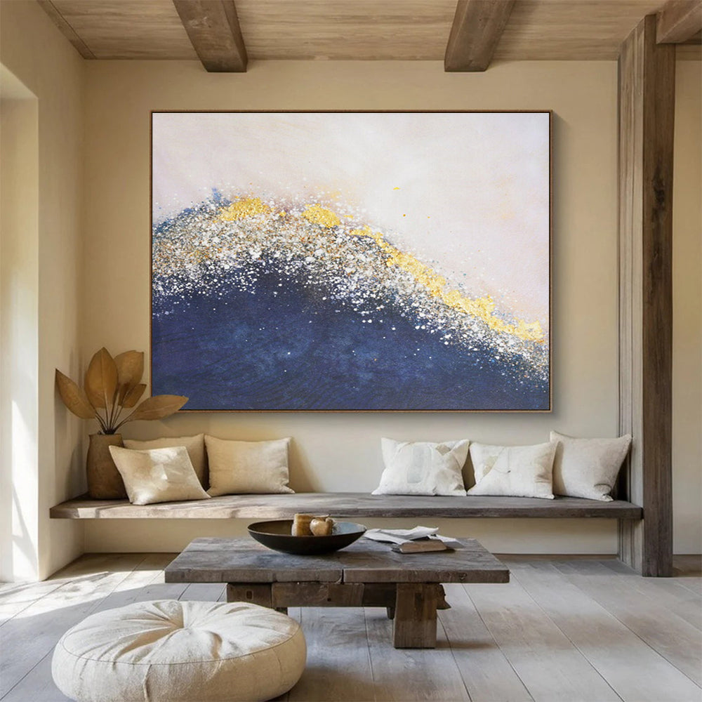 Oversized Canvas Art in Blue and Gold Textured Abstract Style WB234