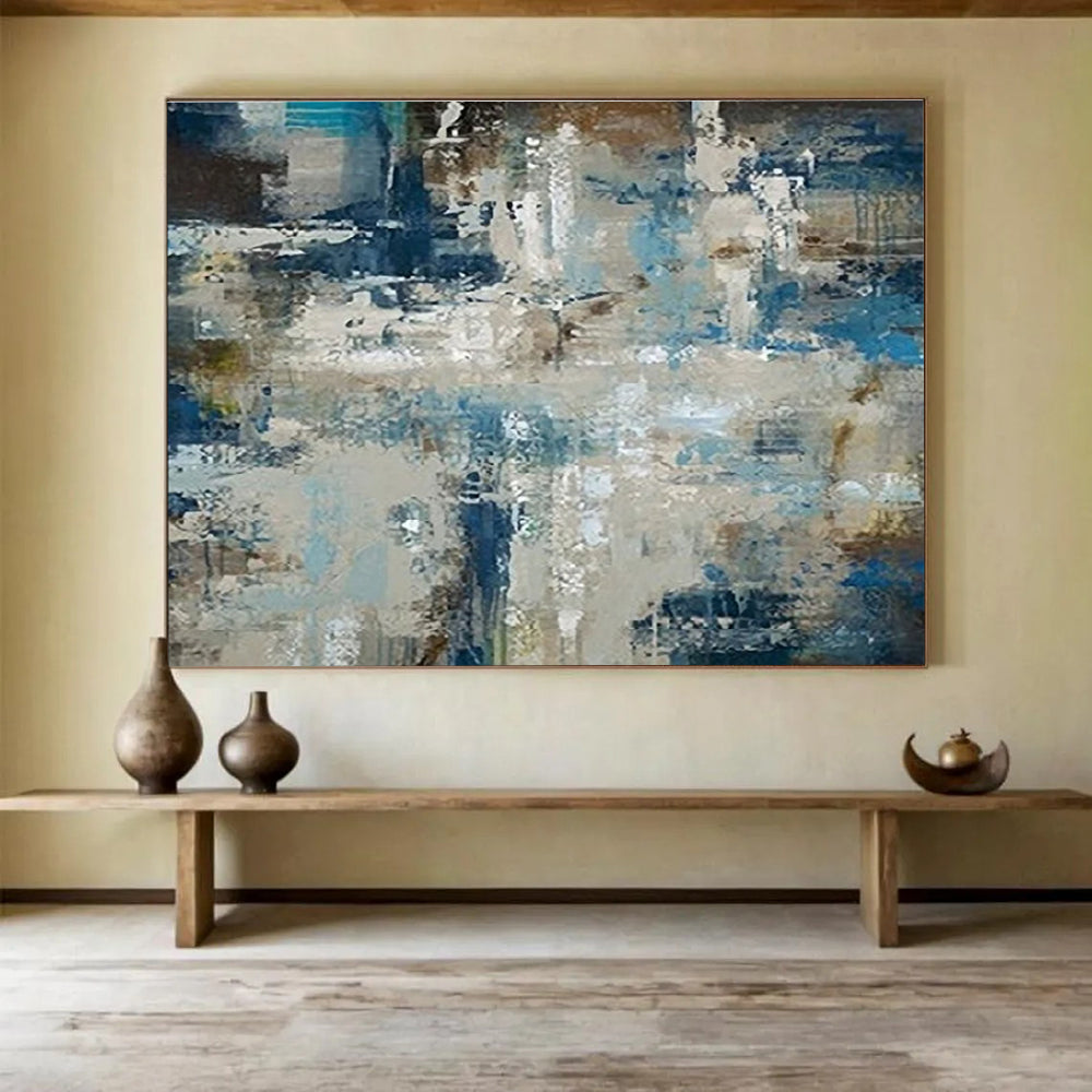 Oversized Canvas Art Blue, Gray, and Multicolor Abstract Textured Urban, Abstract Acrylic Painting WB190