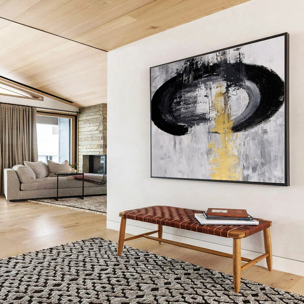 Black, White, Gold Abstract Circular Acrylic Painting WB013