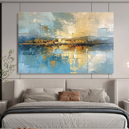 Blue, Beige, Gold Abstract Cityscape Reflection Art For Sale WB381