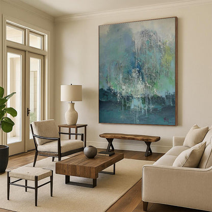 Hand-Painted Acrylic Modern Art Paintings with Teal, Blue, Green, White Dripping Textures - Large Painting In Living Room HS537