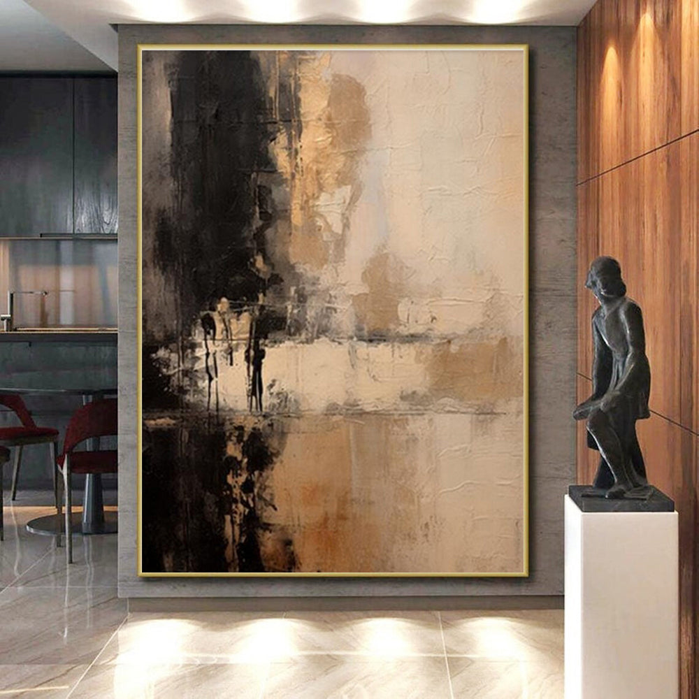 Unique Abstract Art Black & Beige Textured Abstract, Large Contemporary Wall Art HS367