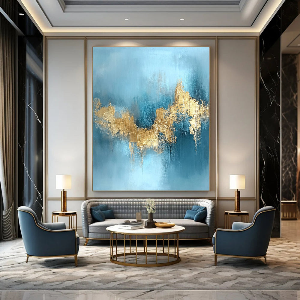 Blue, Gold Abstract Textured Art For Living Room and Bedroom WS433