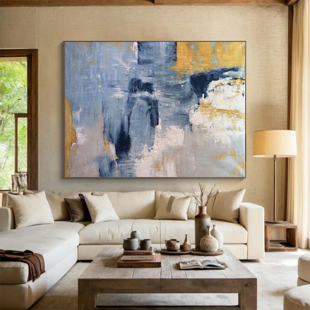 Hand Painted Art Blue, Gold & Gray Textured Abstract, Acrylic Modern Art Painting HS248