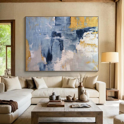 Hand Painted Art Blue, Gold & Gray Textured Abstract, Acrylic Modern Art Painting HS248