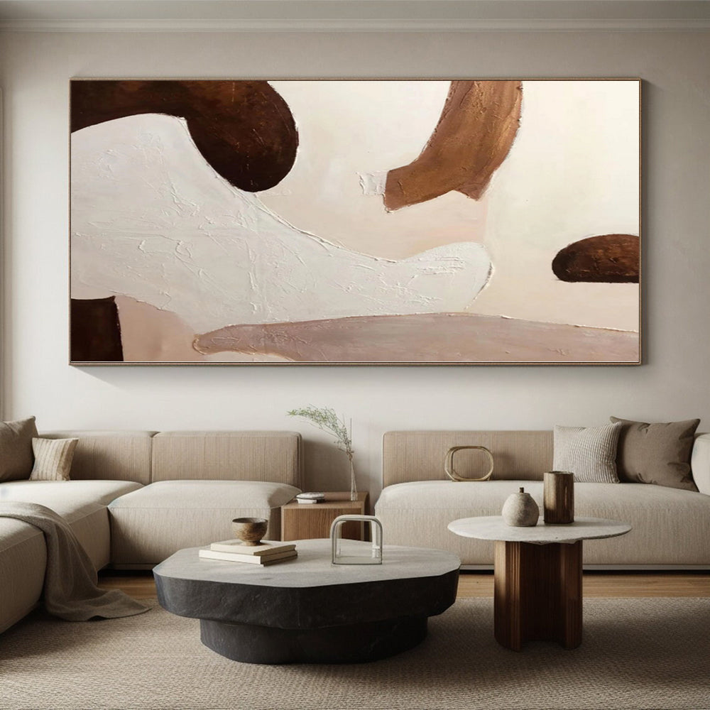 Hand-Painted Brown, White, and Beige Abstract Shape Painting For Sale HS040