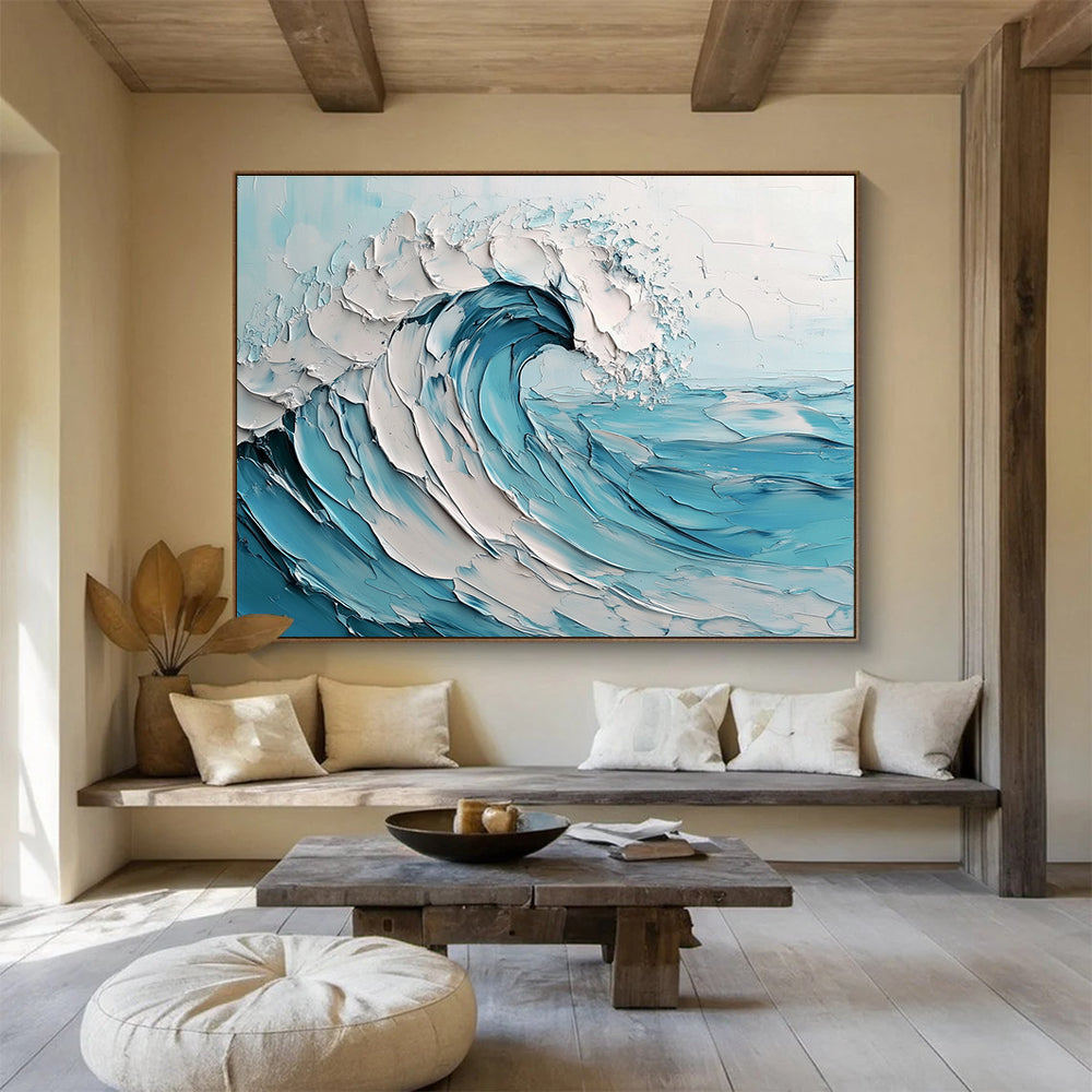 Oversized Canvas Art in Blue and White Textured Wave Abstract Style WB242