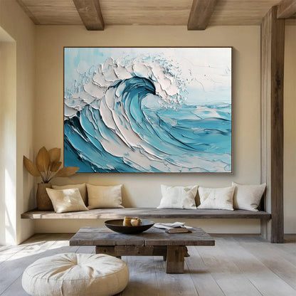 Oversized Canvas Art in Blue and White Textured Wave Abstract Style WB242