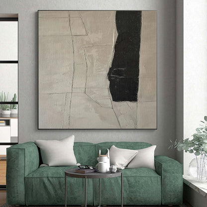 Hand-Painted Beige and Black Abstract Geometric Line Painting For Sale HS027