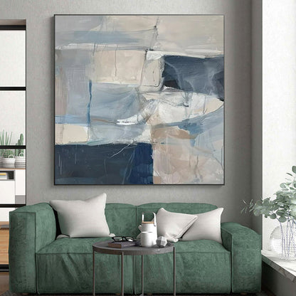 Modern Art Acrylic Blue, Gray, and Beige Geometric Abstract Art HS722