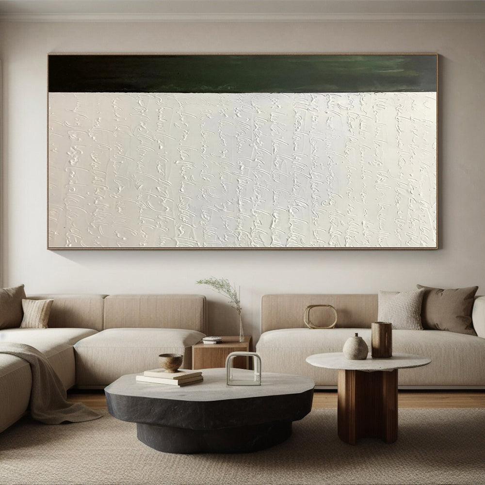 Hand-Painted Green and White Abstract Textured Script Painting For Sale HS041